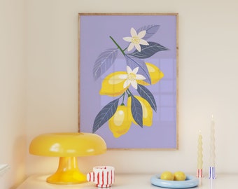 Cartel danés de limón lila pastel, dormitorio universitario preppy, decoración botánica de dopamina, arte colorido de la pared del apartamento, ilustración femenina de moda, Y2K