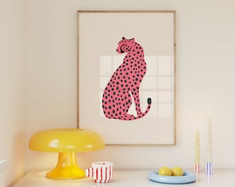 Cartel de guepardo rosa, arte de pared maximalista, ilustración con estampado de leopardo, decoración de dopamina, decoración de dormitorio para adolescentes universitarias, obras de arte independientes