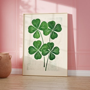 Lucky Clover Art Print, Retro Wall Art, Four Leaf Clover Artwork, Good Luck Gift, Girly vintage Poster, St. Patricks Day, Irish Wall Art