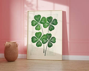 Lucky Clover Art Print, Retro Wall Art, Four Leaf Clover Artwork, Good Luck Gift, Girly Vintage Poster, St. Patricks Day, Irish Wall Art