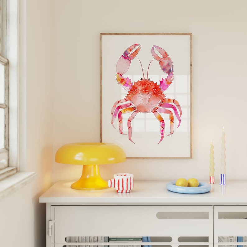Rosa akvarell krabbaposter, strandrumsdekor, preppy studentrumsdekor, kustmormor, snäckskalskonst, surfposter, strandhus, kokosflicka bild 8