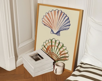 Impresión de conchas verdes, nieta costera, casa de playa, decoración de habitación playera, cartel de surf en el océano, decoración de dormitorio preppy, chicas universitarias, chica de coco