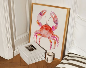 Cartel de cangrejo de acuarela rosa, decoración de habitación playera, decoración de dormitorio preppy, abuela costera, arte de conchas marinas, cartel de surf, casa de playa, chica de coco