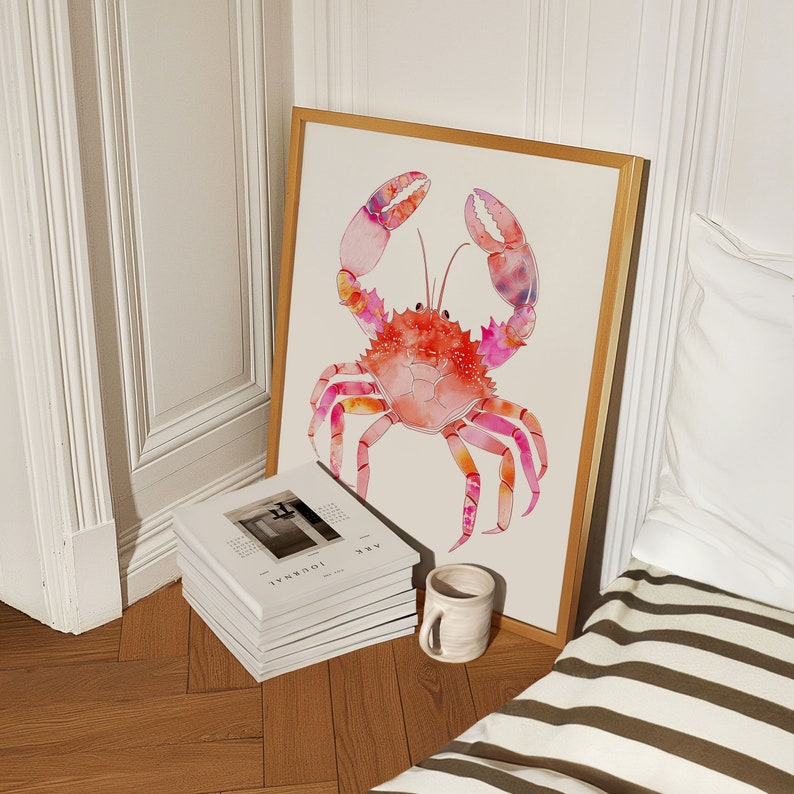 Rosa akvarell krabbaposter, strandrumsdekor, preppy studentrumsdekor, kustmormor, snäckskalskonst, surfposter, strandhus, kokosflicka bild 1