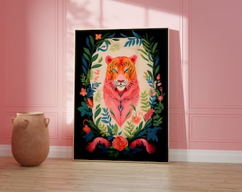 Tiger Maximalist Wall Art, Botanical Art Print, Teen Girl Wall Art, Dopamine Decor, Indie Room Decor Preppy College Dorm Decor Floral Poster