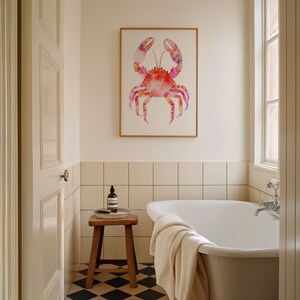 Rosa akvarell krabbaposter, strandrumsdekor, preppy studentrumsdekor, kustmormor, snäckskalskonst, surfposter, strandhus, kokosflicka bild 5