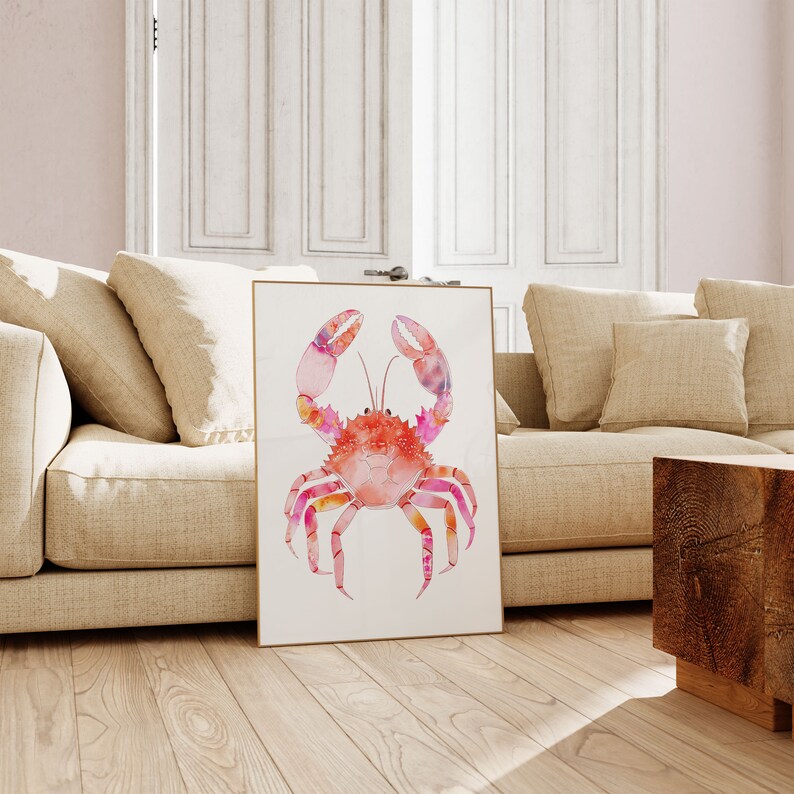 Rosa akvarell krabbaposter, strandrumsdekor, preppy studentrumsdekor, kustmormor, snäckskalskonst, surfposter, strandhus, kokosflicka bild 9