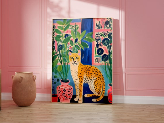 Cheetah Art Print Retro Wall Art Henri Matisse Print Trendy Maximalist Poster Botanical Gallery Wall Jungle Poster Tropical Plants Art Print