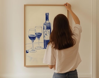 Plakat z kolacją dla dziewczynek, modny wystrój kuchni, sztuka wózka barowego, wydruk koktajlowy, problemy z szampanem, sztuka ścienna z butelką wina, ilustracja z niebieskim ołówkiem