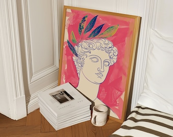 Póster de estatua griega, decoración de dopamina, estampado en rosa intenso, arte de pared maximalista, decoración de apartamentos de moda, bocetos retro botánicos, elementos esenciales de la habitación del dormitorio