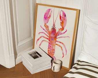 Cartel de langosta rosa, decoración de habitación playera, decoración de dormitorio preppy, nieta costera, arte de conchas marinas, cartel de surf, casa de playa, chica de coco