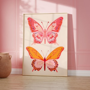 Papillon Y2K Affiche esthétique Rose et Orange Preppy Wall Art Cute Room Decor pour les adolescents, Maximalist Apartment Decor Funky Art Print Girly