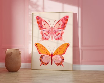Butterfly Y2K Aesthetic Poster Pink and Orange Preppy Wall Art Cute Room Decor for teens, Maximalist Apartment Decor Funky Art Print Girly