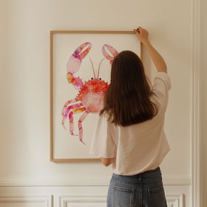 Rosa akvarell krabbaposter, strandrumsdekor, preppy studentrumsdekor, kustmormor, snäckskalskonst, surfposter, strandhus, kokosflicka bild 2