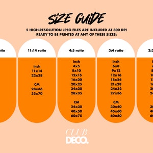 May include: A size guide for printable digital downloads. The guide shows five different aspect ratios: ISO, 11:14, 4:5, 3:4, and 2:3. Each ratio is listed with corresponding measurements in inches and centimeters.