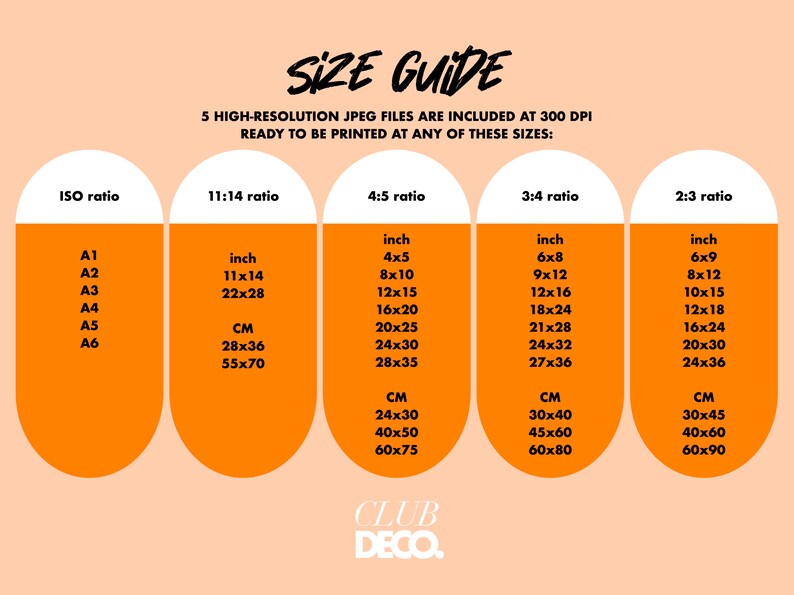 May include: A size guide for printable digital downloads. The guide shows five different aspect ratios: ISO, 11:14, 4:5, 3:4, and 2:3. Each ratio is listed with corresponding measurements in inches and centimeters.