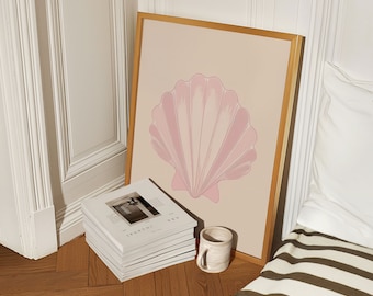 Estampado de concha rosa suave, nieta costera, casa de playa, decoración de habitación playera, póster de surf en el océano, decoración de dormitorio preppy, chica universitaria de coco