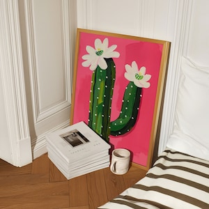 Rosa Kaktus-Poster, maximalistische Wandkunst, Blumenmarkt-Druck, Dopamin-Dekor, trendige Mädchenkunst, Retro-Kunstwerk, farbenfrohes Y2K-Wohnheimzimmerdekor