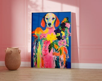 Peut inclure: Une peinture abstraite colorée d'un chien avec des fleurs et du feuillage. Le chien est rose et a un fond bleu. Les fleurs sont dans des tons de rose, jaune, orange et vert.