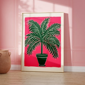 Palmera arte impresión retro pared arte rosa cartel de la selva de moda plantas tropicales arte impresión galería maximalista pared Boho decoración del hogar