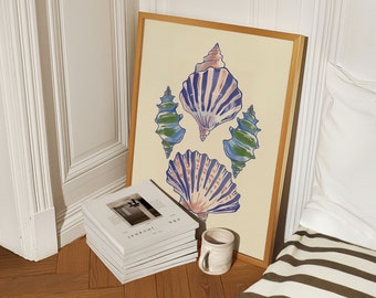Impresión de concha azul, casa de playa, decoración de habitación playera, nieta costera, cartel de surf en el océano, decoración de dormitorio preppy para chicas universitarias, chica de coco