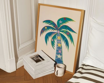 Impresión de palmeras, decoración de dopamina, arte de pared maximalista, decoración de apartamentos de moda, póster retro botánico, elementos esenciales del dormitorio boho ecléctico