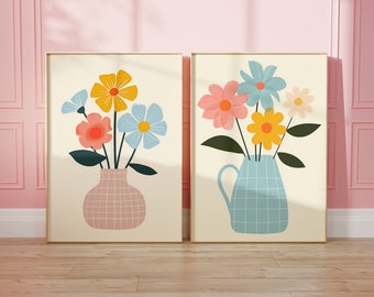 Juego de pósteres daneses con flores en tonos pastel, impresiones de dos piezas sobre un mercado de flores, dormitorio universitario preppy, arte de pared moderno para apartamentos coloridos, ilustración femenina