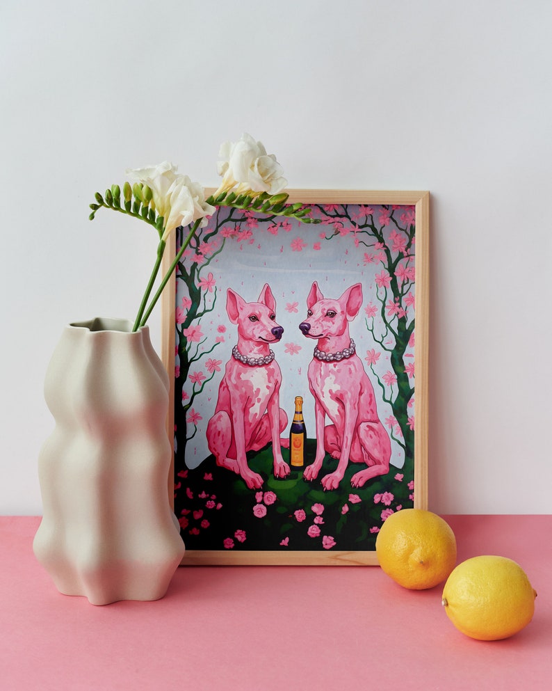 Pink Dogs Art Print, Maximalist Wall Art, Flower Market Print, Quirky