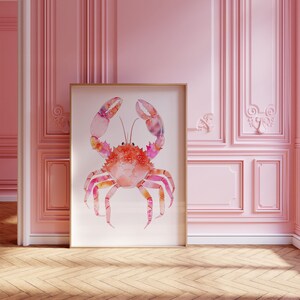 Rosa akvarell krabbaposter, strandrumsdekor, preppy studentrumsdekor, kustmormor, snäckskalskonst, surfposter, strandhus, kokosflicka bild 3