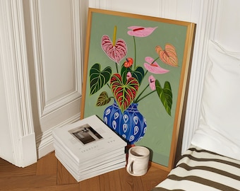 Impresión de flores tropicales, arte de pared verde salvia, decoración de dopamina en apartamentos, ilustración de moda maximalista, regalo para amantes de las plantas, hogar peculiar
