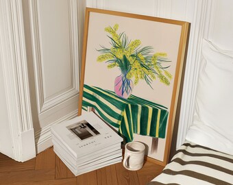 Arte floral de Mimosa, decoración de habitación coqueta, cartel de muy buen gusto, arte pastel danés antiguo hogar Aestheti, decoración de dormitorio verde affiche francés vintage