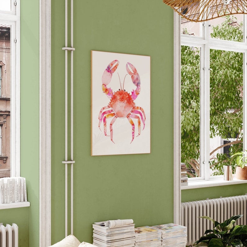 Rosa akvarell krabbaposter, strandrumsdekor, preppy studentrumsdekor, kustmormor, snäckskalskonst, surfposter, strandhus, kokosflicka bild 7
