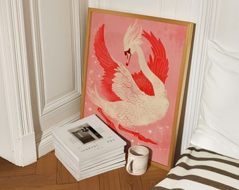 Cartel del cisne rosa, arte de la pared de las estrellas boho, impresión del mercado de flores, decoración maximalista del apartamento, casa retro francesa, arte místico de la decoración de la habitación independiente