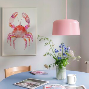 Rosa akvarell krabbaposter, strandrumsdekor, preppy studentrumsdekor, kustmormor, snäckskalskonst, surfposter, strandhus, kokosflicka bild 4