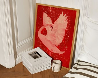Cartel del cisne rojo, arte de la pared de las estrellas boho, impresión del mercado de flores, decoración maximalista del apartamento, casa retro francesa, arte místico de la decoración de la habitación independiente