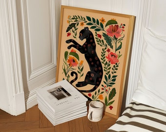 Boho Leopard Floral Wall Art, Flower Market Print, Maximalist Apartment Decor, French Retro Home, Indie Room Decor, Mystical Botanical Art