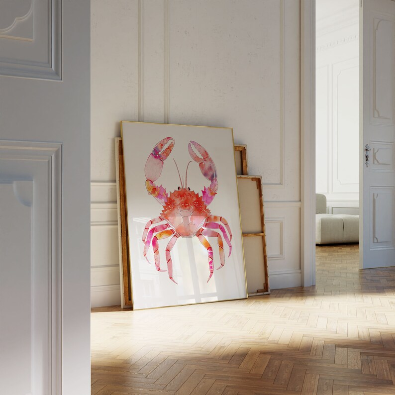 Rosa akvarell krabbaposter, strandrumsdekor, preppy studentrumsdekor, kustmormor, snäckskalskonst, surfposter, strandhus, kokosflicka bild 6