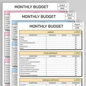 Peut inclure: Plusieurs feuilles de planification budgétaire mensuelle empilées, chacune intitulée "BUDGET MENSUEL". Les feuilles sont de couleurs différentes et comprennent des sections pour les revenus, les dépenses fixes et variables. Le mois est août, avec les années 2023, 2024 et 2025 affichées.