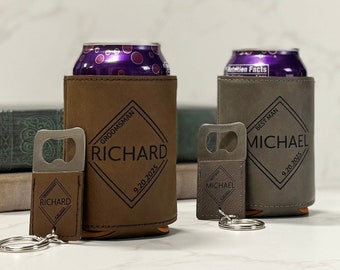 Groomsmen Can Cooler Holder with Bottle Opener, Groomsmen Gifts Personalized, Engraved Can Cooler, Beer Can Holder