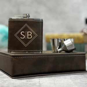 Flask Gift Set Personalized With Two Initials, Includes 2 Shots Glasses & Funnel