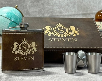Personalized Leather Hip Flask 6oz, Engraved Flask with 2 Shots Glasses and Funnel