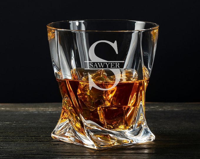 Engraved Twist Whiskey Glass, Gifts for Whiskey Lovers, Old Fashioned Bourbon Glass 11 oz