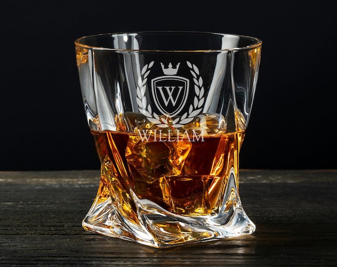 Monogrammed Twisted Whiskey Glass 11 oz, Graduation, Retirement Gift
