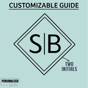 May include: A customizable guide with a black diamond shape containing the letters "S" and "B" separated by a vertical line. The text "TWO INITIALS" is written below the diamond with an arrow pointing to the diamond.