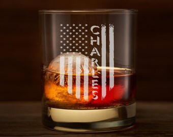 American Flag Patriotic Gift, Engraved Whiskey Glass, Old Fashioned Whiskey Rocks Bourbon Glass, Made in the USA
