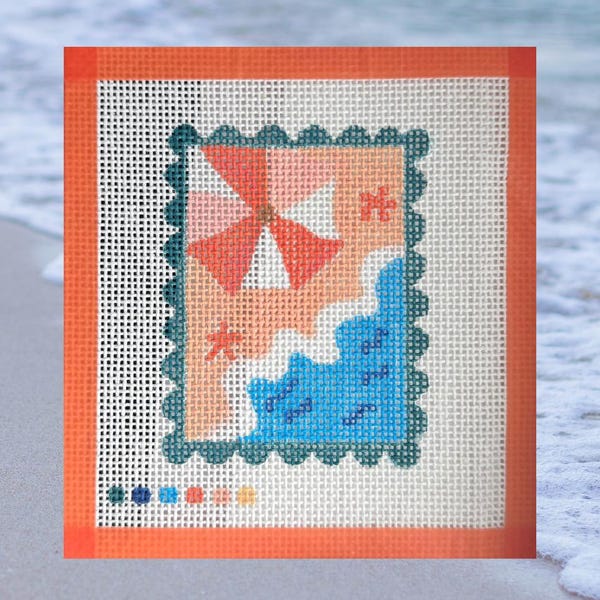 Hand Painted Needlepoint Canvas | 18ct Mesh | Beach Postage Stamp
