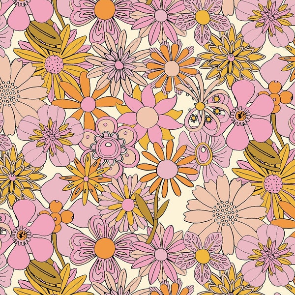 Hand-Drawn FLORAL Enamel Pin Digital SEAMLESS Repeat Pattern for Commercial or Personal Use ~ 70s Groovy Retro Boho