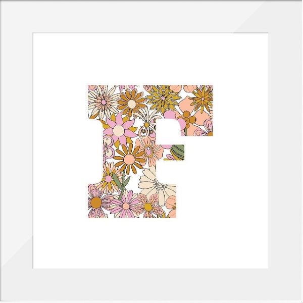 Hand-Drawn FLORAL Digital Initials PRINT 'F' for Commercial or Personal Use ~ 70s, Groovy, Retro, Boho, Enamel Pin, Alphabet