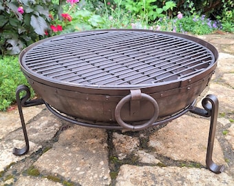 80cm Fire Pit / Fire Bowl - Handmade Indian Kadai BBQ With Stand & Grill - Free Express UK Delivery