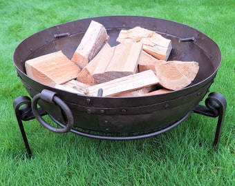 90cm Fire Pit / Fire Bowl - Handmade Indian Kadai BBQ With Stand & Grill - Free Express UK Delivery